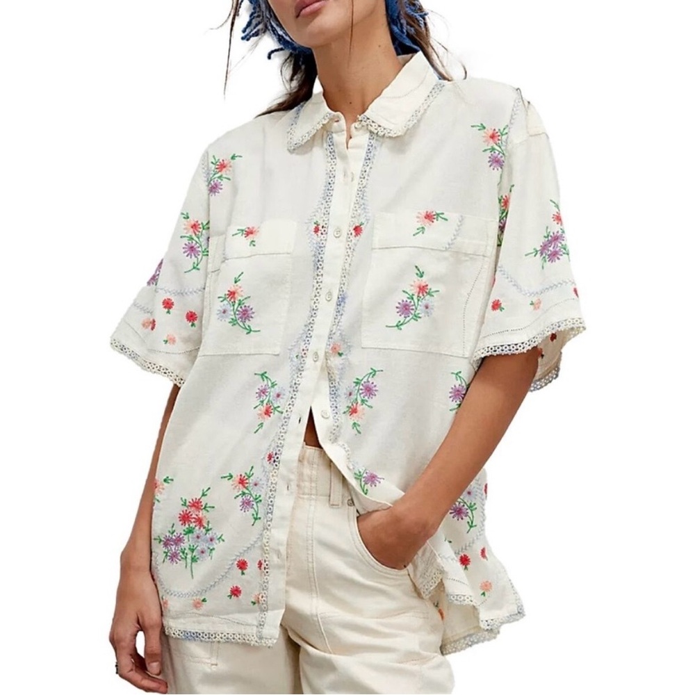 🆕 NWT Free People Emma Floral Embroidered Button Down Shirt - Cream (Ivory), XS